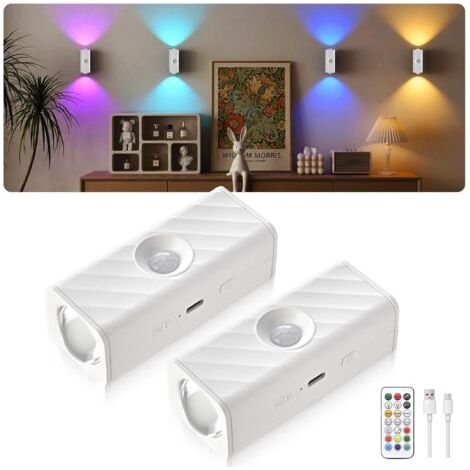 MERTTURM Rechargeable LED Vitrine, Veilleuse à Détecteur de Mouvement, Sans Fil LED Spotlights avec Télécommande avec 10 RGBW Dimmable & Minuteur, pour Lampe D'escalier/Couloir/Décorative - 2PCS (1/5)