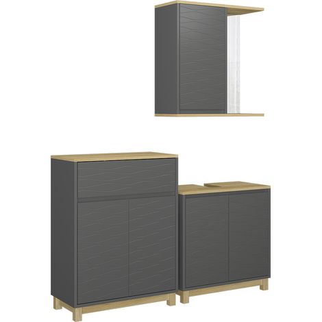 Meubles bain Livia, anthracite/chêne, 3 pièces, avec étagère de salle de bain, Vicco (1/5)