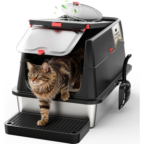 Bac à litière en Acier Inoxydable, métal SUS304, Couvercle Rabattable Amovible et Conception fermée à Bords Hauts, Toilettes pour Chat XXL Contrôle des odeurs Anti-fuites avec Pelle, pédale (1/5)