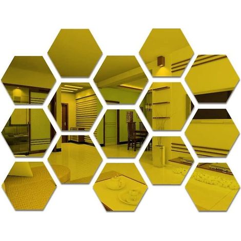 Ensemble de 15 miroirs muraux hexagonaux dorés en acrylique - Carreaux de miroir autocollants de 9 cm pour la décoration de la chambre et du salon (1/5)