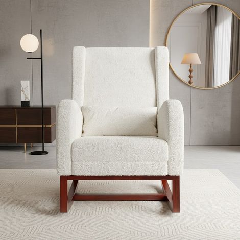 Poltrona a Dondolo con Poggiapiedi Estraibile - Sedia a Dondolo per Salotto o Allattamento - Poltrona Relax Imbottita in Tessuto Teddy Velvet Beige - Schienale Alto Ergonomico (1/5)