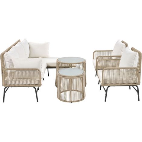 Gartenlounge Set Beige, Gartenmöbel Set 6-Teilig aus Gewebtem Seil mit Eisenrahmen, 2 Sessel, 2 Sofas, 2 Tische, Kissen Inklusive