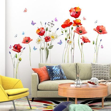 Autocollants muraux aquarelles, fleurs rouges, amovibles et imperméables, décoration murale pour chambre, salon, bureau, maison (1/5)