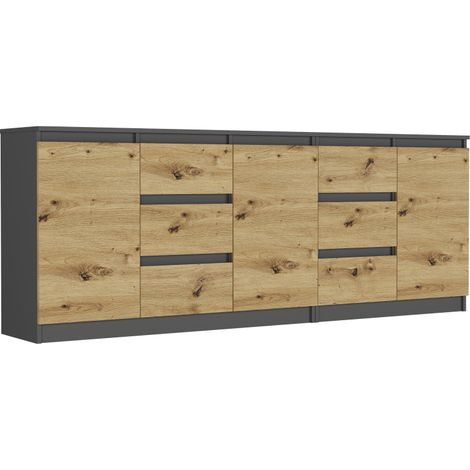 Kommode Anthrazit/Artisan, 200x33x76 cm - R-200-S6 mit 6 Schubladen