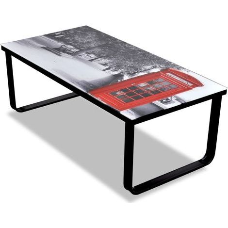 Table basse avec plateau en verre, motif cabine téléphonique (1/5)