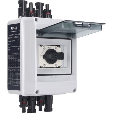 Interrupteur d'isolement solaire CC 1000 V 32 A, disjoncteur de batterie PV CC, 2 entrées, 2 sorties pour onduleurs, boîtiers de raccordement et systèmes de stockage d'énergie par batterie (1/5)