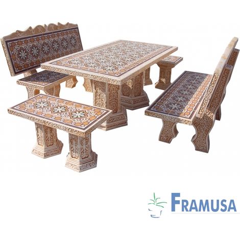 CONJUNTO COMEDOR PIEDRA RECTANGULAR JARDIN MORESCO GOLTIS OCRE