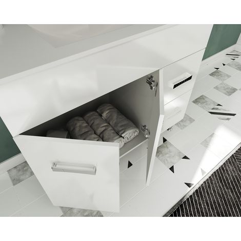 Saniverre – Meuble salle de bain sur pieds avec vasque simple céramique blanche L. 80 cm – 2 portes battantes et 2 tiroirs coulissants – Finition brillante — vue 3