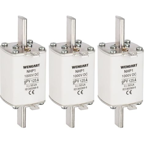 Lot de 3 fusibles CC NHP1 de type GPV NH 1000V 125A CC 50kA pour protéger les onduleurs, batteries et câbles dans les systèmes photovoltaïques (1/5)