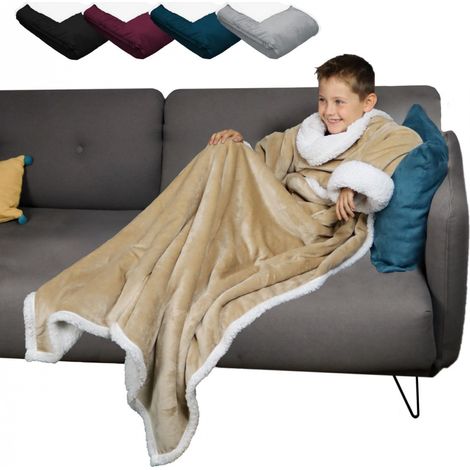 Couverture polaire, plaid intégral avec manches et poche - 120 x 160 cm - Sherpa et flanelle - Enfant - Beige - Vivezen (1/5)