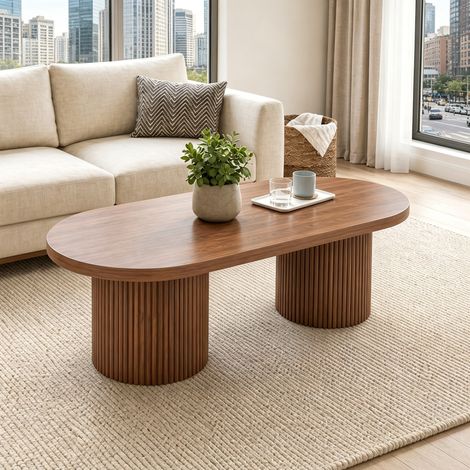 Modernluxe - Table basse ovale 100x50x35 cm - Table d'appoint moderne - Piètement colonne romaine - MDF - Marron (1/5)