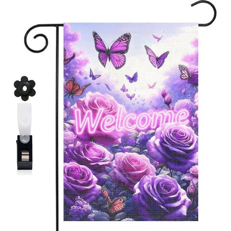 Drapeau vertical papillons et roses violettes lumineuses 30 x 45 cm décoration saisonnière cour (1/5)