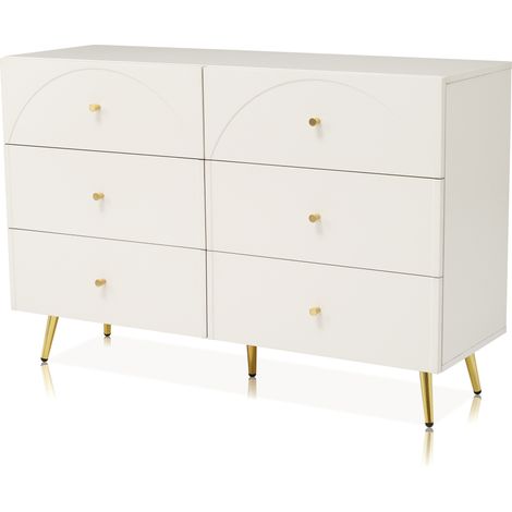Commode 6 tiroirs crème-blanc en panneaux de bois avec pieds métalliques H85 x L120 x P40 cm (1/5)