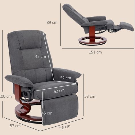 Fauteuil relax pivotant manuel en tissu aspect lin gris avec repose-pieds et dossier haut (1/5)