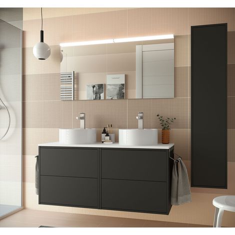 Mobile bagno sospeso 120 cm 4 cassetti in legno nero opaco con doppio lavabo d'appoggio - Olympus - 120 cm Con Specchio Doppia colonna e Doppia lampada LED - Accessorio: Con doppia colonna - Misura: 1