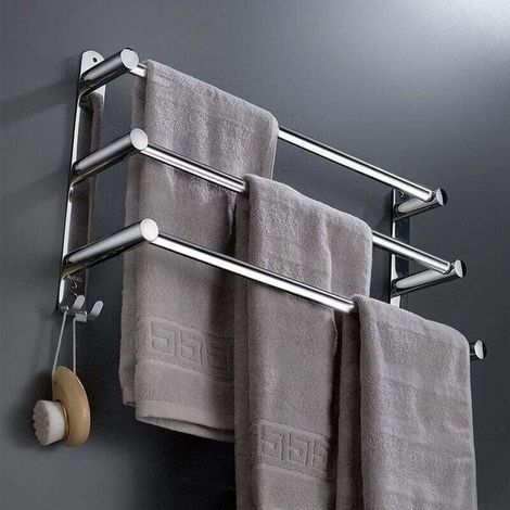 Porte-serviettes de salle de bain en acier inoxydable, barre porte-serviettes murale rétractable, niveau de fixation, aucun perçage requis, adapté à la cuisine, à l'hôtel (argent 3 cou (1/4)