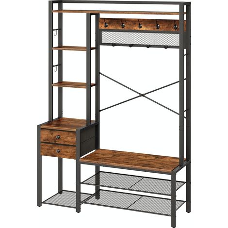 Meuble d’Entrée, Porte-Manteau avec étagères à Chaussures, Banc à Chaussures avec tiroirs, étagères de Rangement, Porte-Manteau, Rangement Tout-en-Un pour entrée, Marron Rustique EBF73MT01 (1/5)