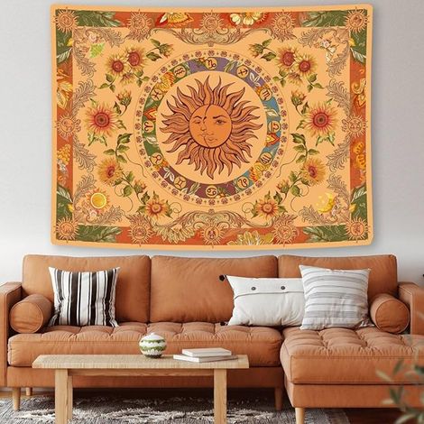BEBUSINGOTO Vintage-Indie-Boho-Wandteppich mit gelber Sonne und Mond, ästhetischer Wandteppich mit Sonnenblumenmotiv für Schlafzimmer, Wohnheim, Wohnzimmer (Orange, 150 x 130 cm)