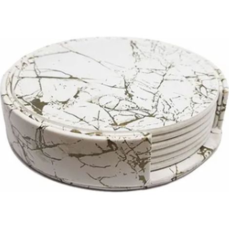 Set mit 7 wendbaren, runden Lederuntersetzern in Platin-Marmor-Optik, 10 cm, für Zuhause (1/5)
