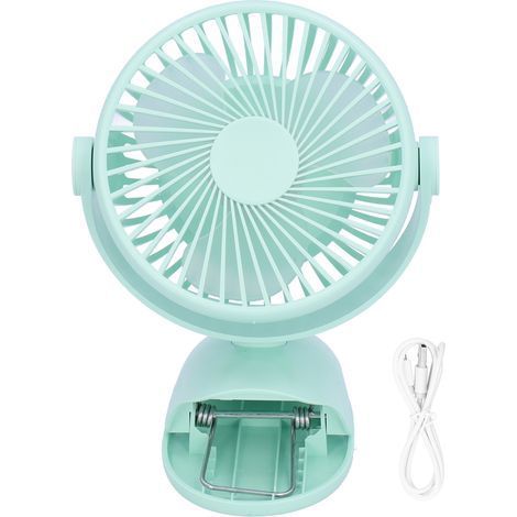 Ventilatore da scrivania ricaricabile tramite USB, potente mini ventilatore a clip con 3 pale, 4 velocità, colore verde. (1/5)