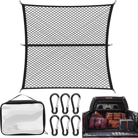 Filet de Rangement Coffre de Voiture 120x120cm, Extensible Jusqu'à 210×210cm, avec 6 Crochets 6 Mousquetons & Sac de Rangement, Filet à Bagages pour Pick-up, pour la Plupart des Voitures (1/5)