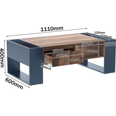 Table basse en bois anthracite avec tiroir invisible, étagère de rangement et compartiment arrière à double porte. Meuble d'appoint pratique pour salon, spacieux et fonctionnel. (1/5)