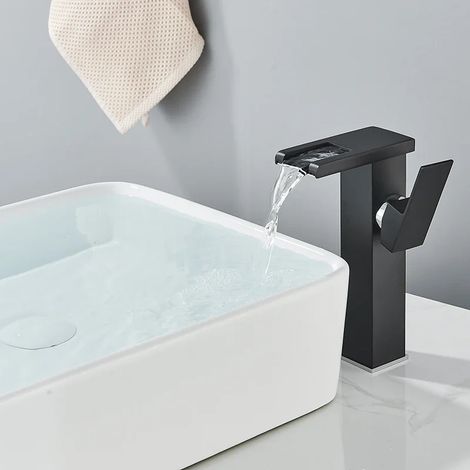 Robinet de lavabo haut de gamme en chrome noir avec LED, mitigeur monocommande, eau chaude et froide, et production d'électricité. (1/5)