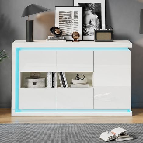 Buffet LED blanc brillant 140x40x84cm avec portes en verre trempé, meuble moderne pour salon, bureau ou entrée (1/5)