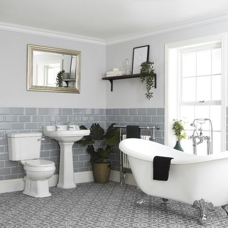 Milano Richmond White Double Ended Freestanding Slipper Bath Ceramic Close Coupled Toilet WC and Full Pedestal Bathroom Basin Sink - 1 Tap Hole Basin (1/5)