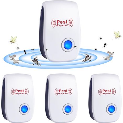 Repelente Ultrasónico de Plagas, 4 Pack Electrónico Repelente Mosquitos Control de Plagas, Repelente Ultrasónico Mosquitos para Interiores, Moscas, Ratones, Cucarachas, Arañas, Roedores (1/5)