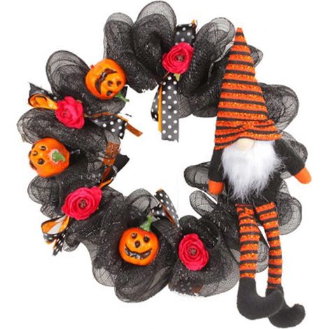 Couronne d'Halloween en maille de 40 cm pour porte d'entrée, avec des nœuds roses, pois et une sorcière aux longues jambes. (1/5)