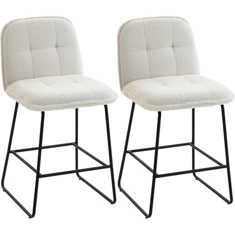 Lot de 2 tabourets de bar rembourrés en tissu bouclette, assise extra-large 66 cm, crème (1/5)