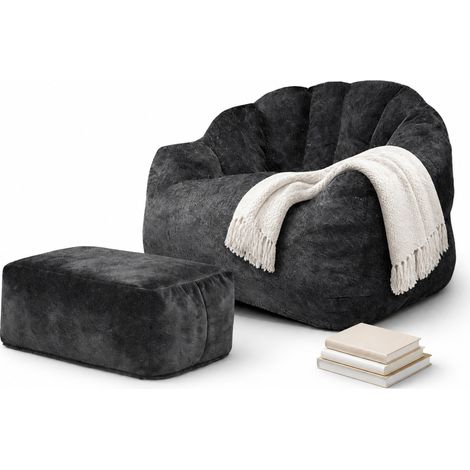 Fauteuil relax avec ottoman en tissu noir, assise moelleuse en forme de pétale, dossier capitonné et coin cosy pour salon, chambre ou bureau  CHICFURN (1/5)