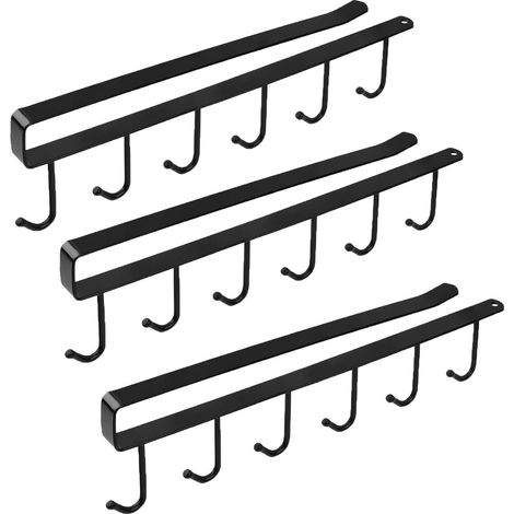 Support Pour Tasses - En Métal - Fixation Sans Perçage Sur Étagères  2 2 Cm - Charge Max 3 Kg - 6 Crochets - Noir - Lot De 3