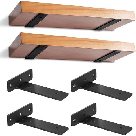4 Pièces - Support étagère flottante - Équerre murale métal - Charge lourde 70 kg - Fixation invisible pour salon bureau cuisine - Noir - 20 cm (1/5)