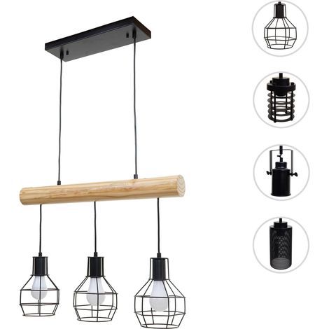 Lampe à suspension HWC-H83, métal industriel, bois massif, noir 5x abat-jours tubulaires (1/5)