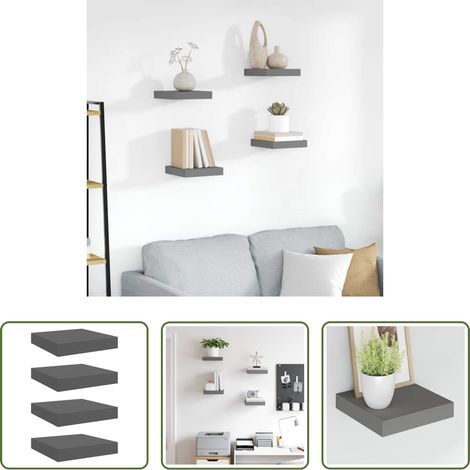 Wandregal - Schweberegale 4 Stk. Hochglanz-Grau 23x23,5x3,8 cm MDF (1/5)
