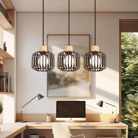 Suspension Luminaire - - Rétro en Cage Métal - 3 Ampoules E27 - Max 60W - Noir (1/5)