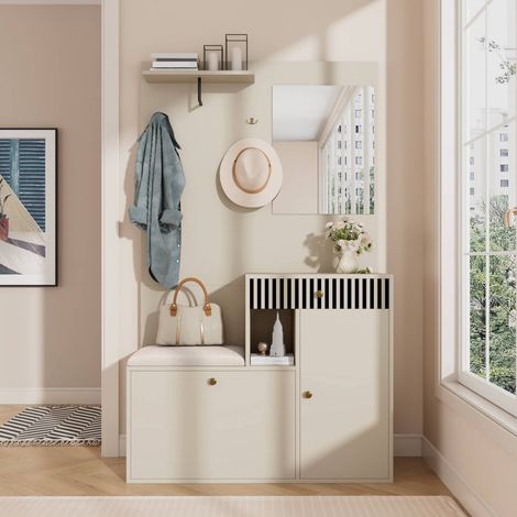 Vestiaire d'entrée 110 x 37 x 185,5 cm, meuble complet avec miroir, banc coussiné et 1 tiroir rayé, MDF, beige (1/5)