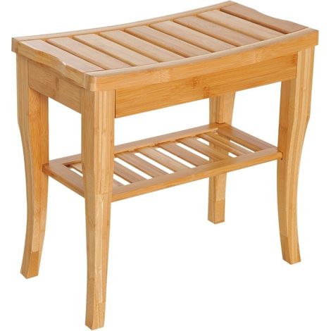 Banquette de douche à 2 niveaux à lamelles sur 4 pieds, siège confortable et sécurisé, rangement pratique pour salle de bains et spa (1/4)