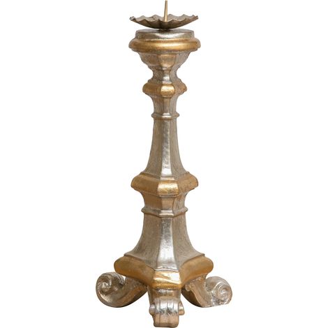 Kandelaber aus Holz 19x40x19 cm Kerzenständer, dekoriert, freistehender Kerzenhalter, 1 Arm, Bodenkandelaber, Gold-Silber-Finish