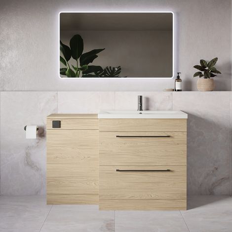 Napoli 390 Light Oak 1300mm 2 Drawer Vanity Unit Toilet Suite with Glide Basin - 1300mm - Gunmetal Grey 480mm HandleWithout Kingston Toilet Pan
