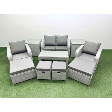 Fimous PE Wicker Rattan Furniture Sofa Sets with Oblong Coffee Table Love Sofa Reclining Chair 2 Side Table 4 Stools Light Grey Mixed (1/4)