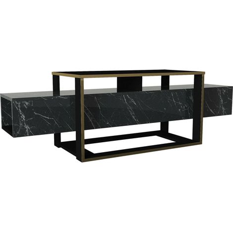 Dmora - Mobile porta TV Jo, Credenza da soggiorno, Armadio basso per TV, Base parete attrezzata, 160x46h50 cm, Nero e Oro (1/5)
