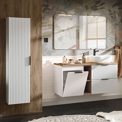 Conjunto mueble lavabo individual 120cm 2 compartimientos cesto de ropa y columna Adriel Blanco (1/4)