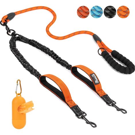 2 laisse pour chien avec poignées rembourrées, amortisseur élastique, pivot 360°, bandes réfléchissantes, grand chien