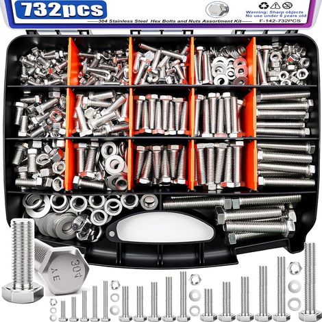 Assortiment de boulons et d'écrous hexagonaux (1/2" à 2-1/2")Kit d'assortiment d'écrous et de boulons Ensembles de vis de machine à usage lourd, 732PCS Kit d'écrous et de rondelles assortis