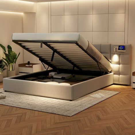 Bett Doppelbett Stauraum 180x200 Leinen Grau OKMYHOME