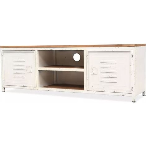 Meuble TV 2 portes 2 niches pin massif clair et métal blanc Kako (1/4)