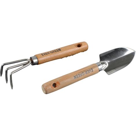 Set de 2 outils de jardin miniatures : pelle et râteau, manche en bois, 19-20 cm (1/5)